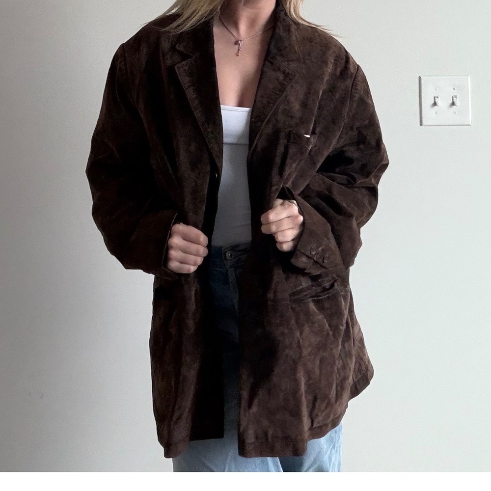 Vintage 90s Bill Blass Oversized Chocolate Brown Suede Leather Jacket‎ Size XL